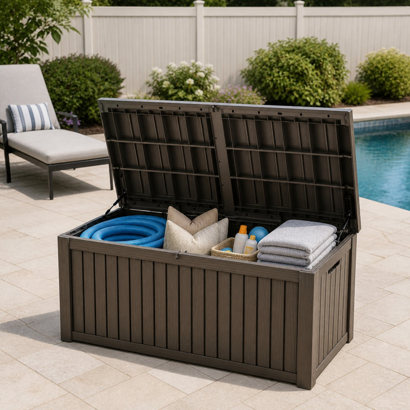Coffre de terrasse extra-large de 150 gallons avec couvercle à ouverture assistée hydraulique et système de verrouillage