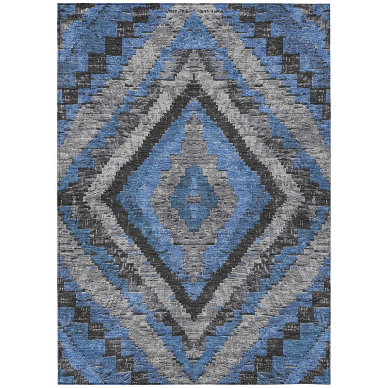 Machine Washable Indoor/Outdoor Xhevrie Blue Rug, Rectangle 9' x 12'
