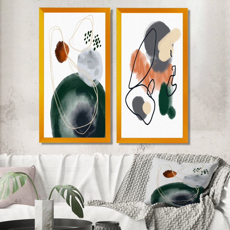 «Dark Green and Orange Abstract Composition», ensemble de 2 peintures sur toiles, H 32 po x l 32 po x P 1 po