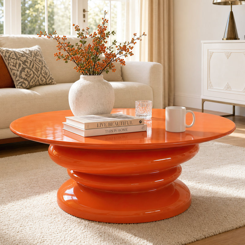 Table basse moderne haut de gamme en fibre de verre, table d'appoint ronde à pied central laqué brillant pour salon, livrée montée, orange