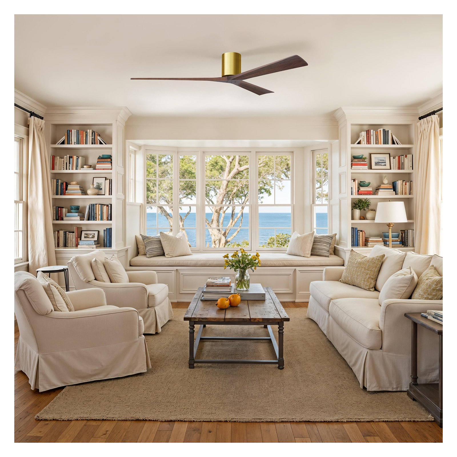 Olivier 3 Blade Ceiling Fan, Brushed Brass, Walnut Tone, 72"