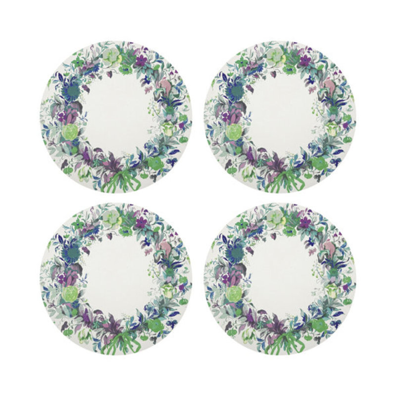 Wreath Flowers Blue Vegan Leather Round Coasters, Blue