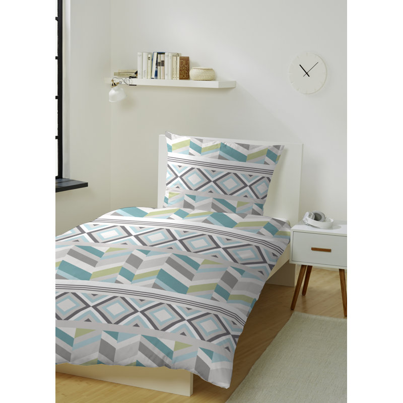 Provo Cotton Reversible 2 Piece Duvet Cover Set, 155 x 220cm Duvet Cover + 1 Pillowcase, Grey/Green