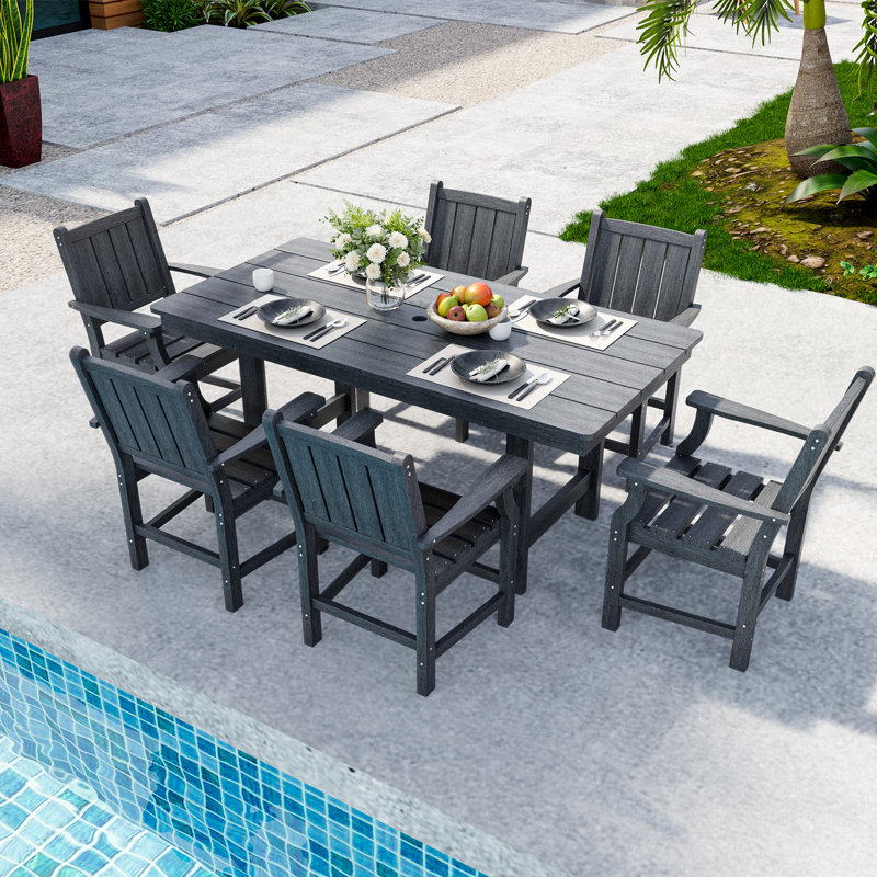 7-Piece HDPE Plastic Patio Outdoor Dining Set with Arm Chairs, Gray