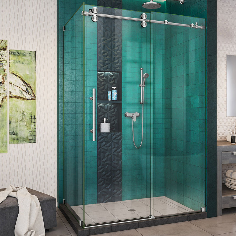 Enigma-XO Single 60.37" W x 32.5" D x 76" H Frameless Rectangle Shower Enclosure, Brushed Stainless Steel