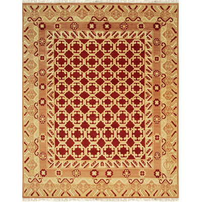 Coral Hand-Knotted Wool Linked Rosettes Geometric Modern Contemporary Carpet Rug
