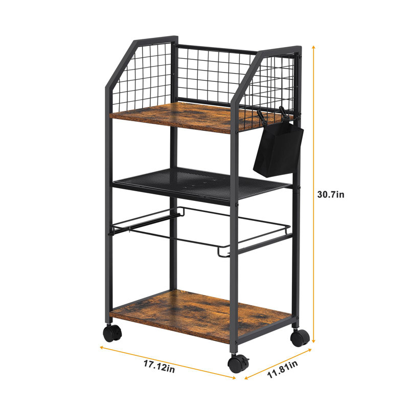 Rolling File Cart With Hanging File Folder, Wooden And Metal Mesh Design, Lockable Wheels, Brown
