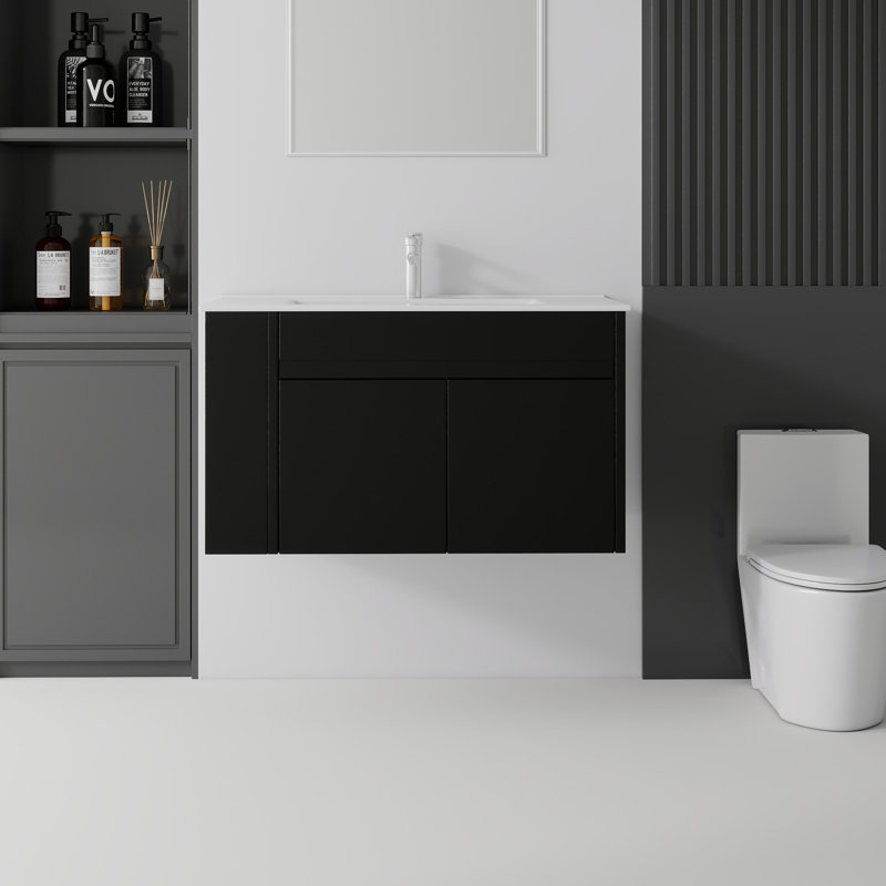Meuble-lavabo flottant avec lavabo, Noir, L 36 po