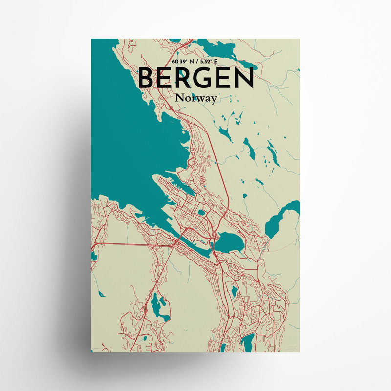 Bergen City Map, impression, Vert / beige, H 36 po x l 24 po