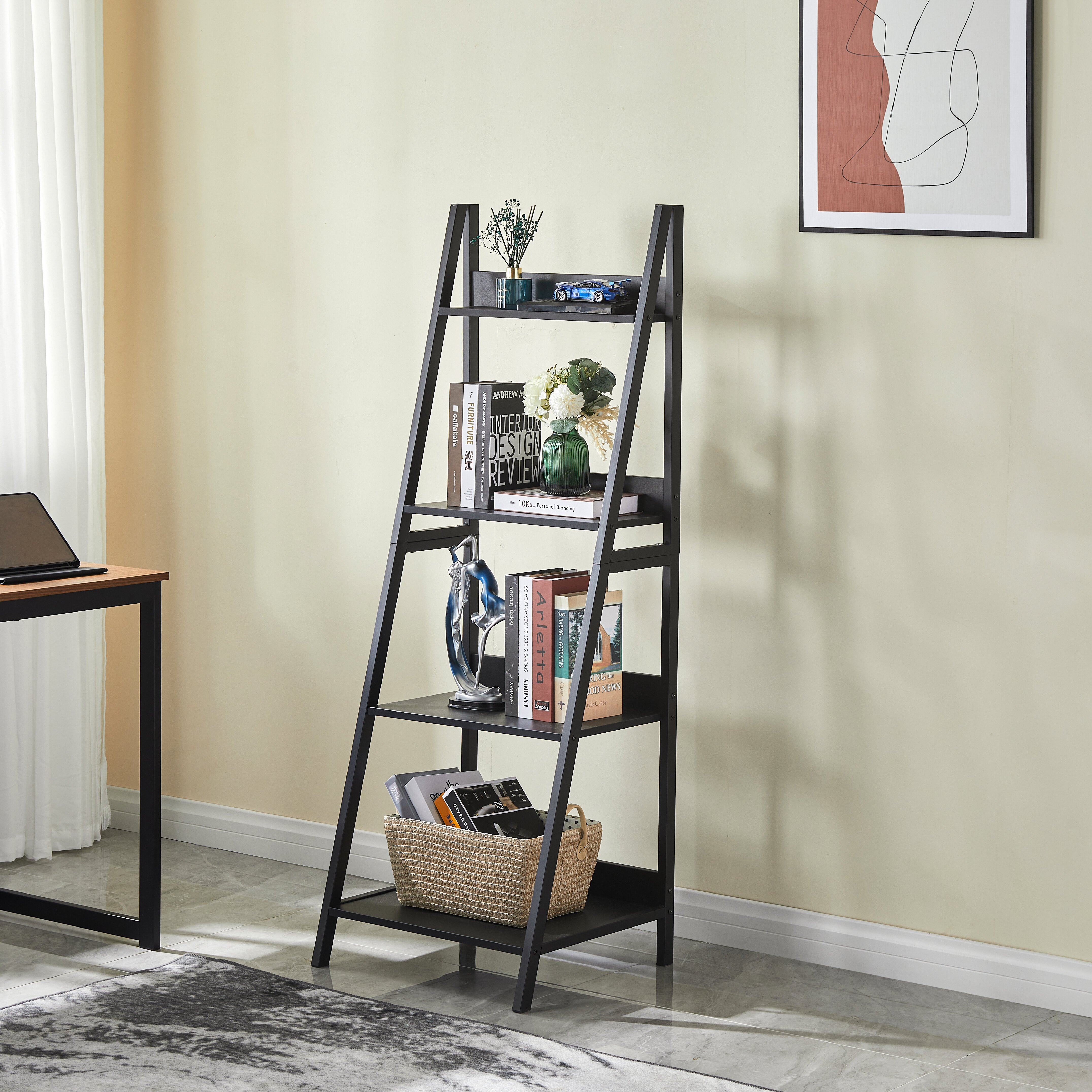 Ladder Shelf 4 Tier Bookshelf Industrial Bookcase Storage Rack Shelves for Living Room, Home Office, Walnut Ebern Designs Color: Black