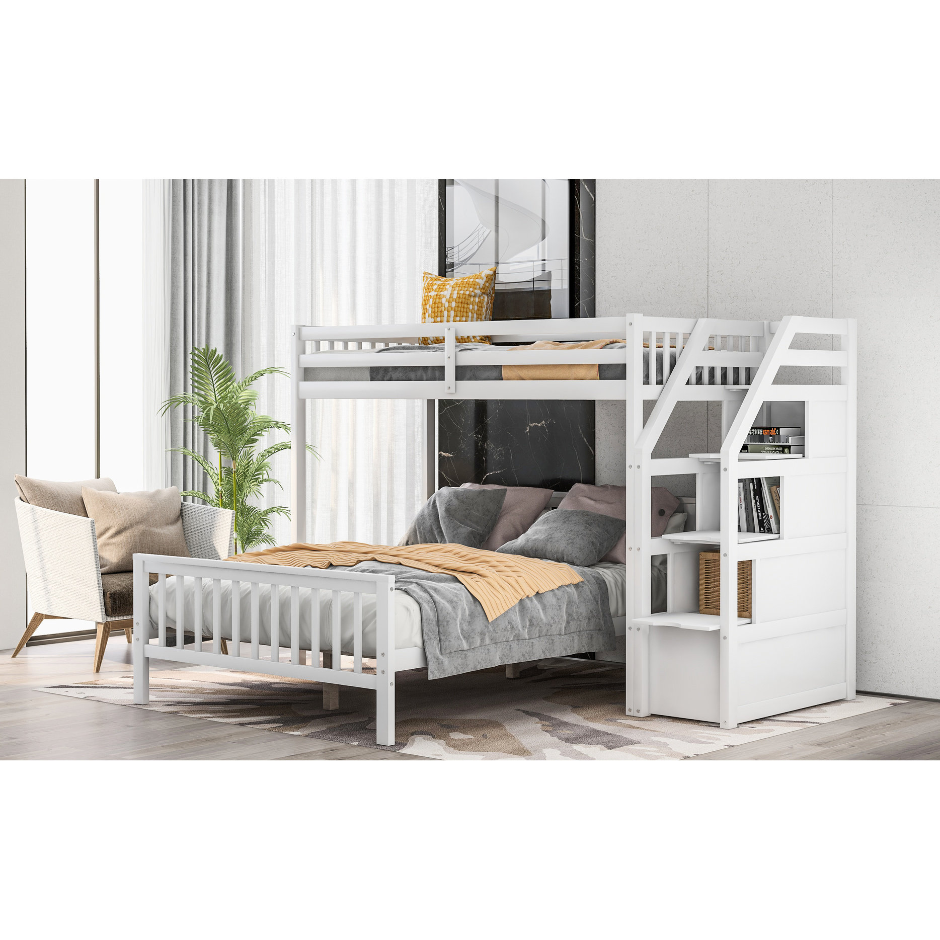 Latitude Run® Twin Over Full Loft Bed With Staircase - White ...