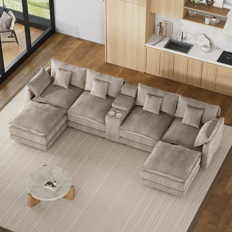 164"W Upholstered Sectional Sofa Cloud Couch With Cup Holders, USB Ports & Storage Console, Light Brown