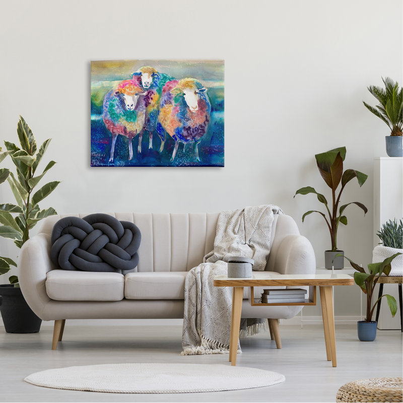 Conception amusante et mignonne «Bold Rainbow Farm Sheep» par MB Cunningham - Peinture, Toile tendue