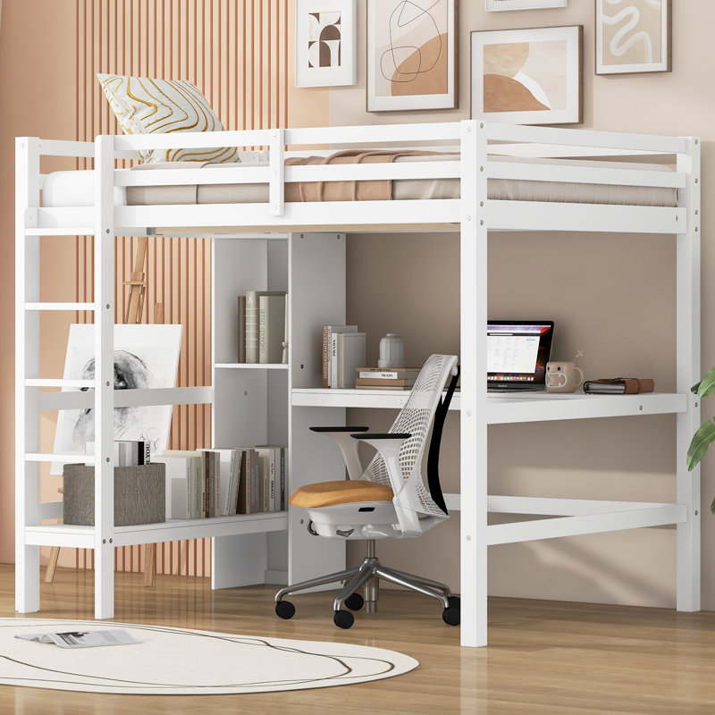 Lit mezzanine avec tablettes et bureau, Blanc