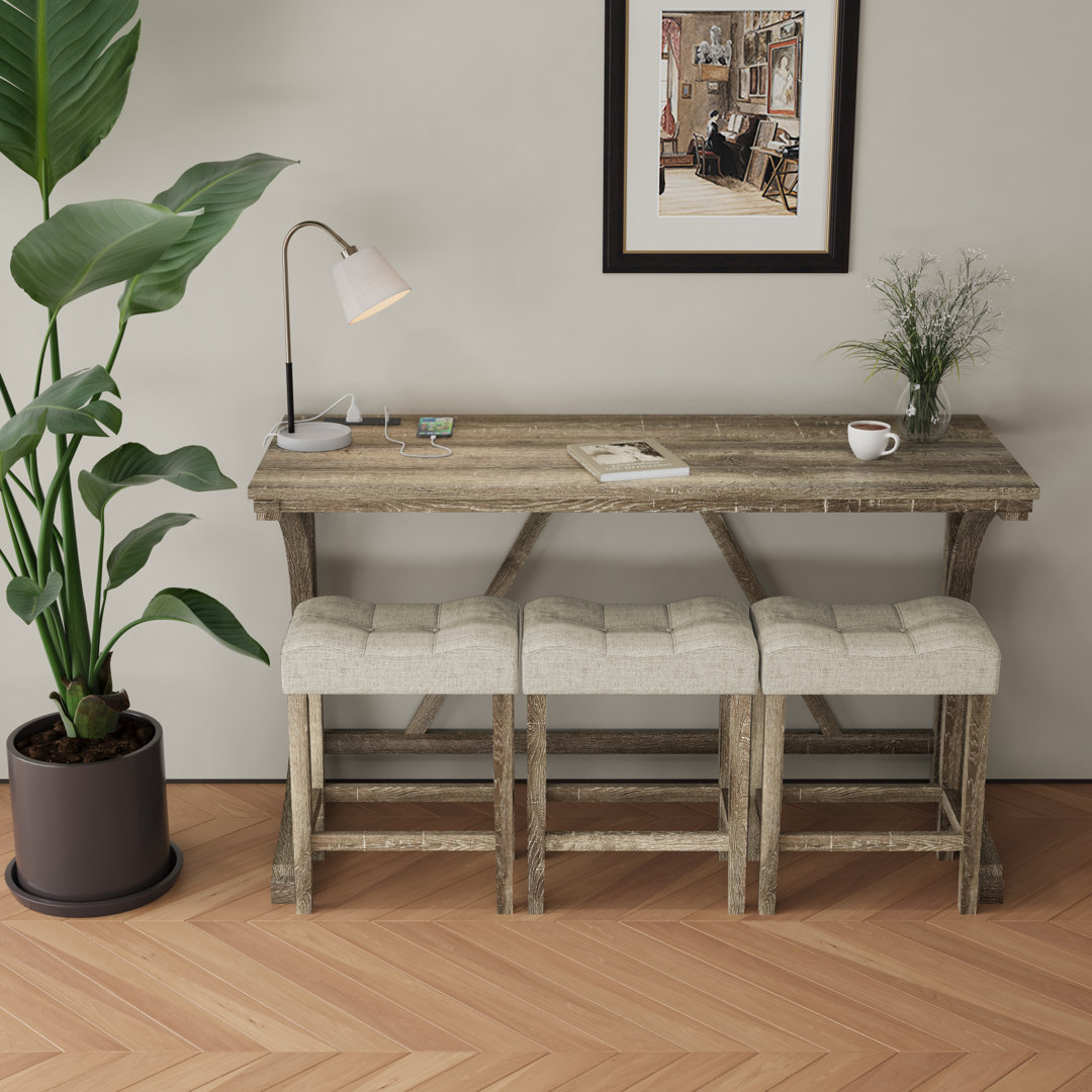 Demicah 4-Piece Counter Height Bar Table Set with Socket and 3 Fabric Padded Bar Stools, Tall Kitchen Breakfast Dining Table Set with Stools Millwood Pines 