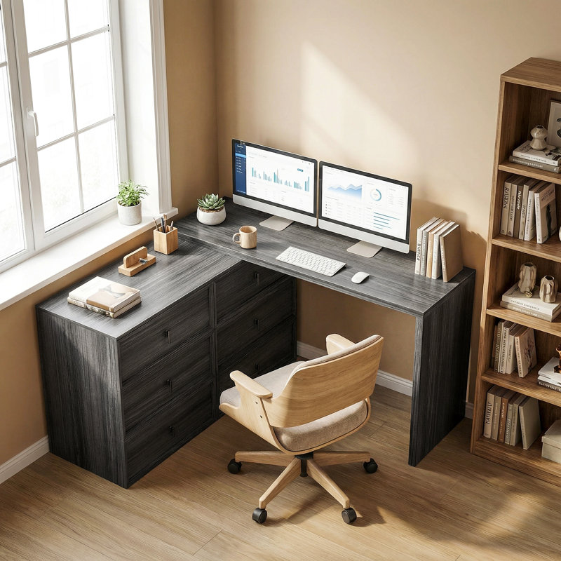 Bureau d'ordinateur en forme de L avec 6 tiroirs grain de bois noir, Noir