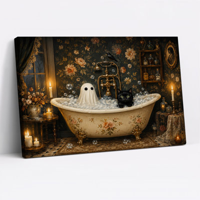 Art mural sur toile Halloween fantôme blanc et chat noir