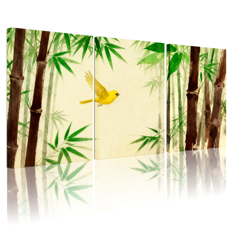«Birds Bamboo Forest Bird», ensemble de 3 reproductions d'art sur toile, H 24 po x l 48 po