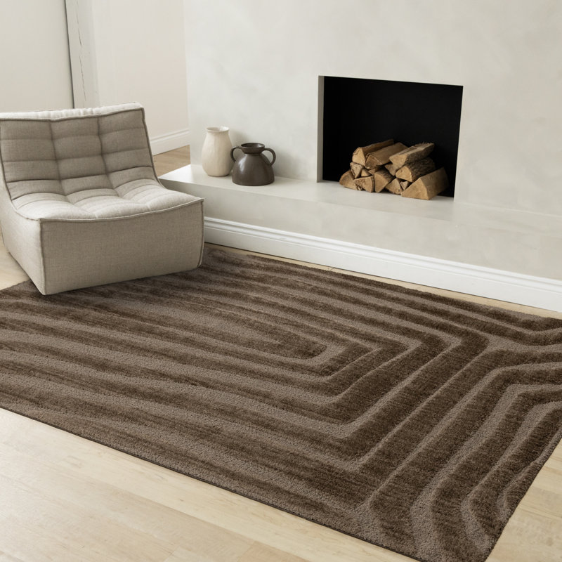 Tapis d'intérieur moderne rayé brun, 6 pi 7 po x 9 pi 6 po