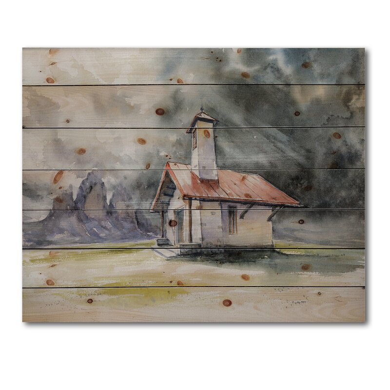 Rustic House On Mountain Top During Storm On Wood Painting