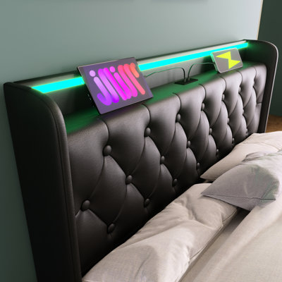 Full Size Upholstered Bed With 360° Wrap Led, Hydraulic Storage, Type-c, Black