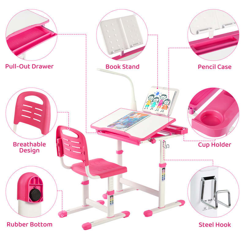 Pink Adjustable Height Kids Desk and Chair Set with Storage Drawer