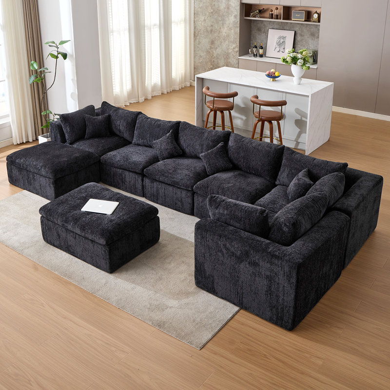 Canapé modulaire rembourré 8 pièces à compression 8 pièces, Chenille noir, H 25,6 po x l 145 po x P 113 po
