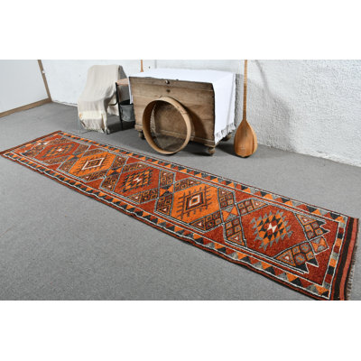 Vintage Orange Turkish Runner with Geometric Design for Hallway Decor - Handwoven Boho Kilim Rug Brown/Orange