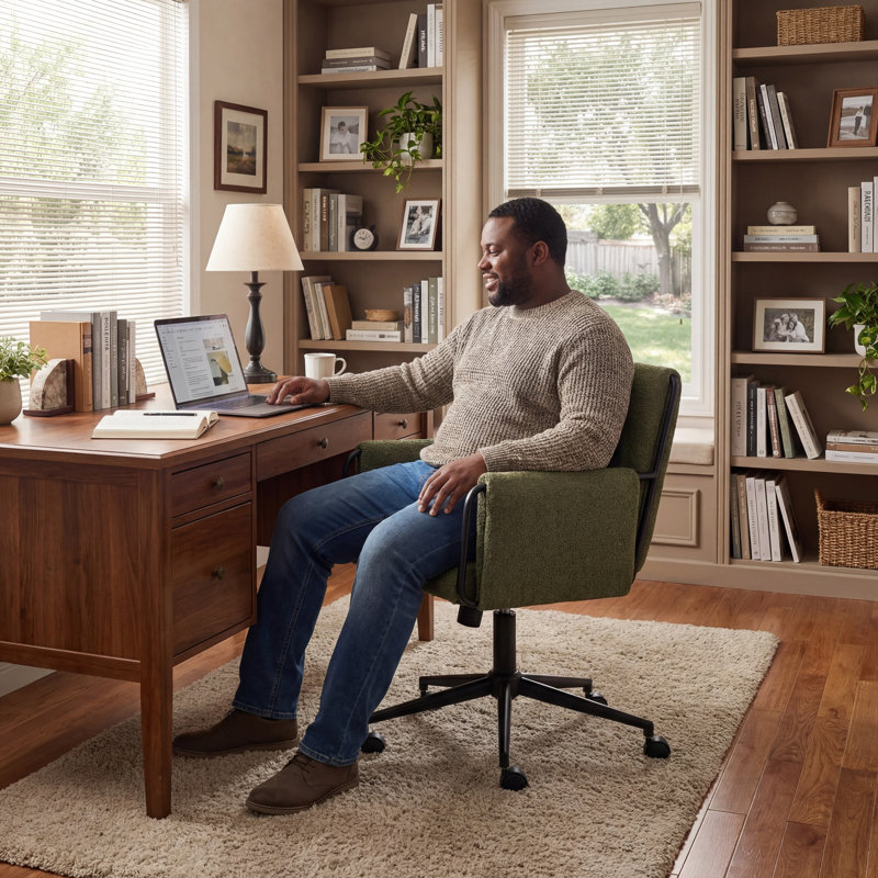 Jabali Extra Wide Boucle Upholstered Office Chair Swivel Desk Chair with Metal Frame, Green