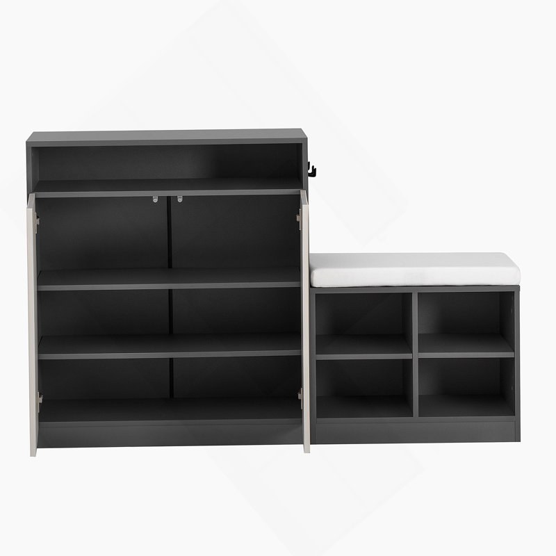 Living Room Cabinet With Shoe Bench, 2 Doors And 3-Tier Adjustable Shelves, Gray