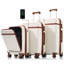 Ensemble de 3 valises de 20 pouces avec port USB, ouverture frontale certifiée, bagage à main rigide en ABS avec roues pivotantes, blanc et brun