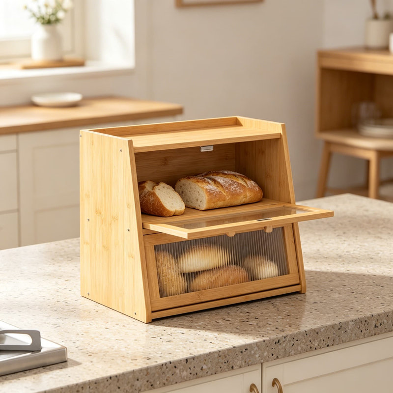 Grande boîte à pain à double couche en bambou pour comptoir de cuisine, contenant en bois naturel avec porte transparente en acrylique ondulé, peut contenir 3 pains, muffins et petits pains