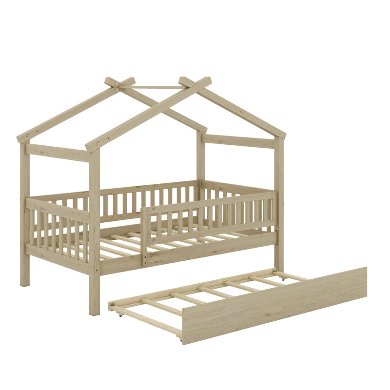 Wooden House Bed with Trundle, Twin, Oak