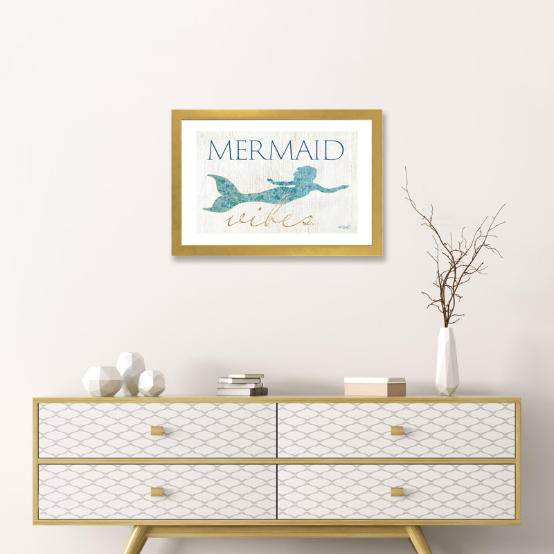 «Mermaid Wishes» par Kate Sherrill - impression d'art graphique, H 16 po x l 24 po x P 1 po, Papier encadré doré, Blanc
