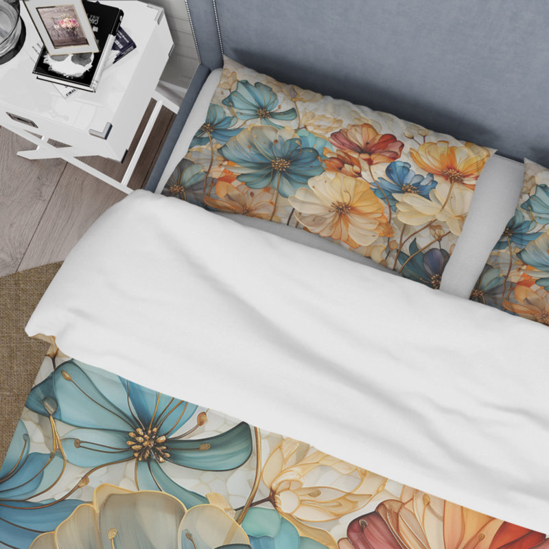 Teal Orange Petal Mosaics II - Abstract Botanicals Duvet Cover Set, King Duvet Cover + 2 King Shams