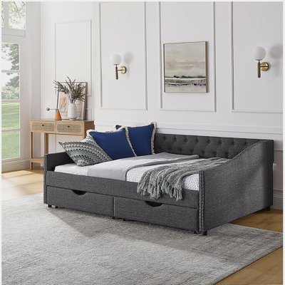 Lit de jour double avec tiroirs, canapé-lit capitonné, avec bouton sur le dos et clou en cuivre sur les accoudoirs ondulés (80,5 po x 55,5 po x 27,5 po)