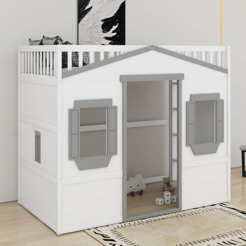 Twin House Loft Bed With Ladder, White/Gray