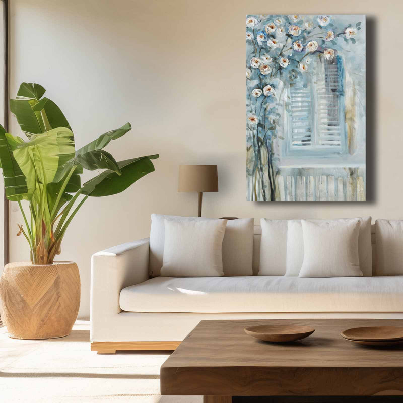 White Blossoms And Shutter Window Canvas Art