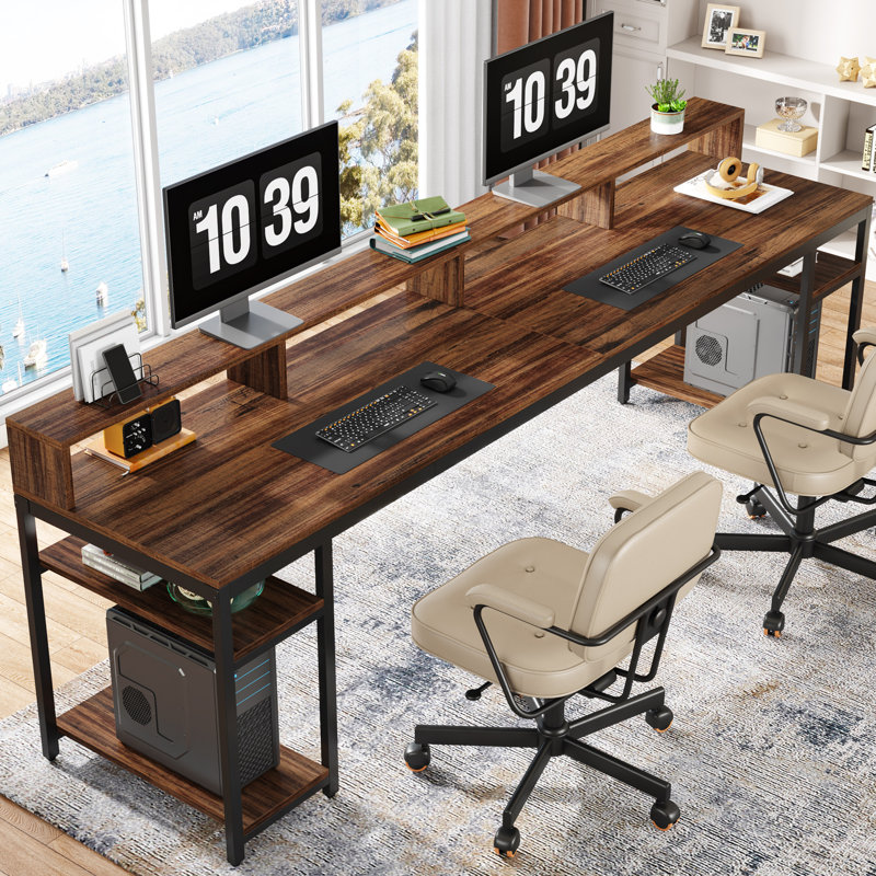 78.74" W Double Computer Desk With Monitor Stand, Two Person Desk With 4 Open Shelf, Brown/Black
