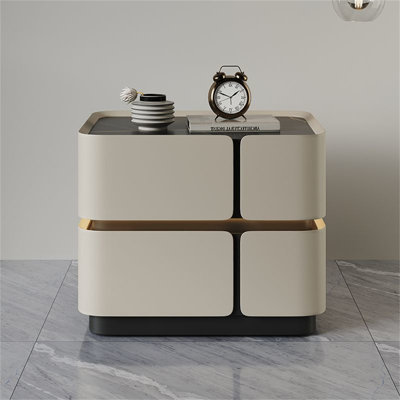 Modern Beige Solid Wood Nightstand with Gold Accent and Dual Drawers - Contemporary Minimalist Bedside Table for Bedroom