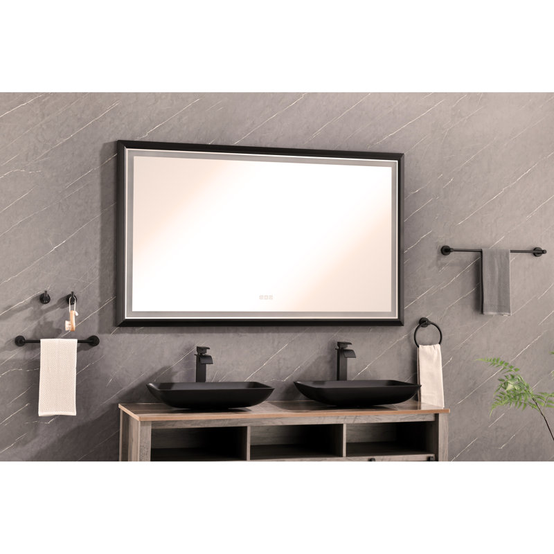 Miroir de salle de bain surdimensionné rectangulaire noir à DEL, 60 po x 36 po