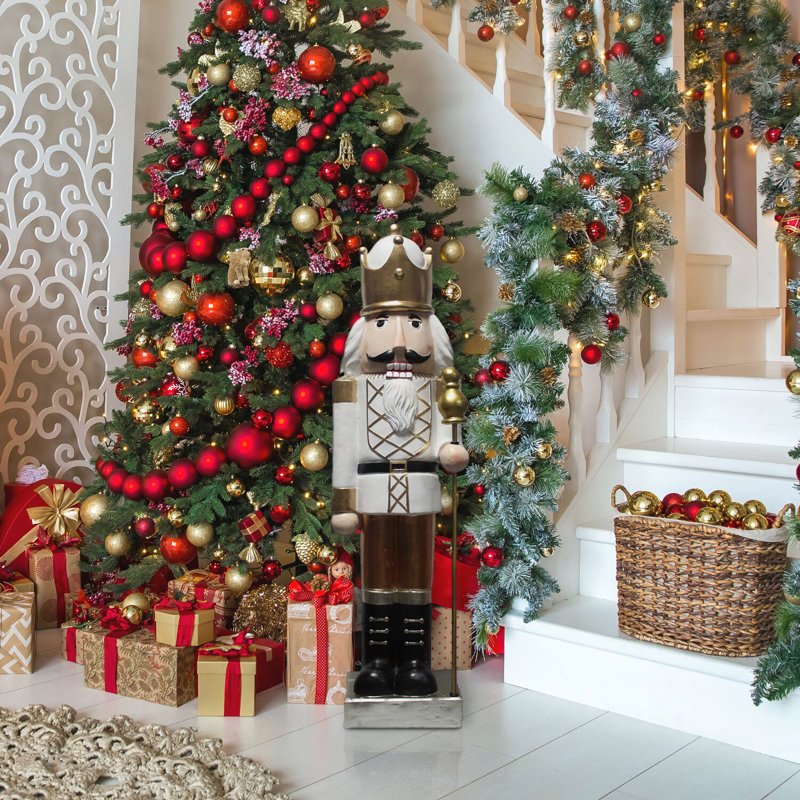 48-Inch Gold and White Nutcracker Holding Staff Figurine