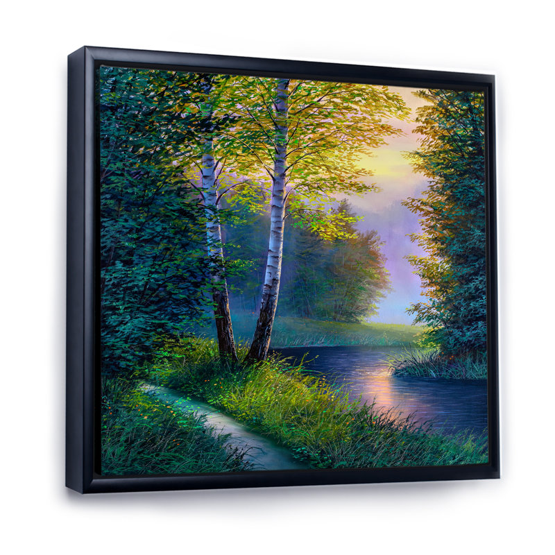 «Morning Sunlight Through The Birch Forest», peinture sur toile, Cadre flottant noir, H 30 po x l 30 po x P 1 po