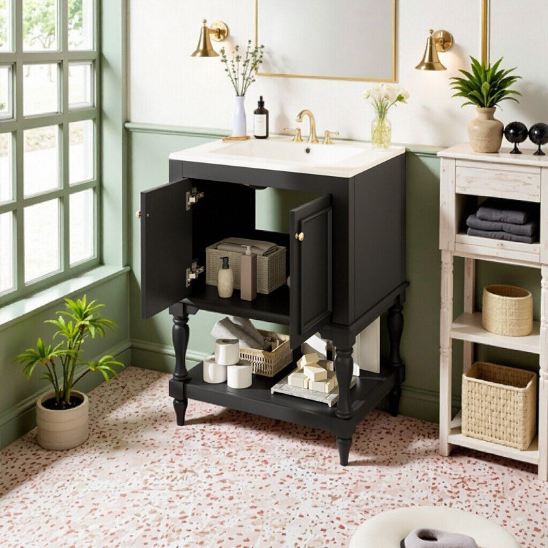 Meuble-lavabo 24 po avec lavabo et rangement en céramique UnaMara, Noir