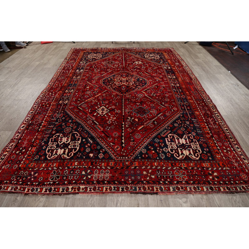 Tapis unique en laine noué à la main style Shiraz des années 1970 de 7 pi 2 po x 10 pi 8 po rouge / bleu Omena