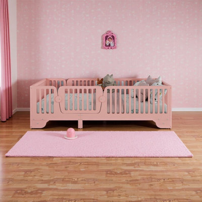 Lit simple rose Montessori avec porte et clôture de sécurité - Assemblage facile, pas de sommier