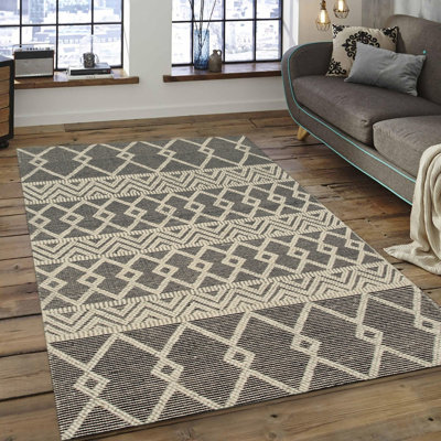 Tapis géométrique contemporain noir en laine fabriqué à la main Modern Kilim