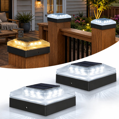 2-Pack Black 4x4 Solar Post Caps with 3 Color Modes, Dusk-to-Dawn Operation, IP65 Waterproof, Fits Vinyl/PVC and Wood Post Tops for Deck and Porch