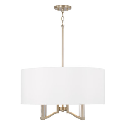 24" W x 14" H 4-Light Pendant in Matte Brass with Clear Acrylic Accents and White Fabric Shade