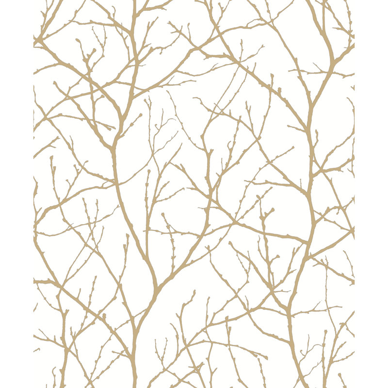 Trees Silhouette Floral Metallic Wallpaper Roll, White/Gold